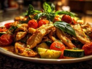 Émincé de poulet aux courgettes et tomates cerises cuisiné dans une poêle noire, garni de basilic frais.