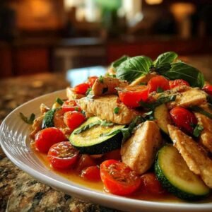 Émincé de poulet aux courgettes 3 Ingrédients frais pour la recette de poulet aux courgettes : blancs de poulet, courgettes, tomates cerises, oignon, ail et herbes.