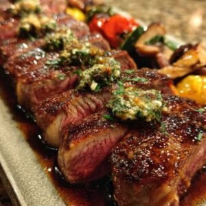 Entrecôte au Beurre de Tapenade 3 Gros plan sur un rouleau de beurre de tapenade aux olives vertes en train d'être coupé en rondelles sur une planche en bois.