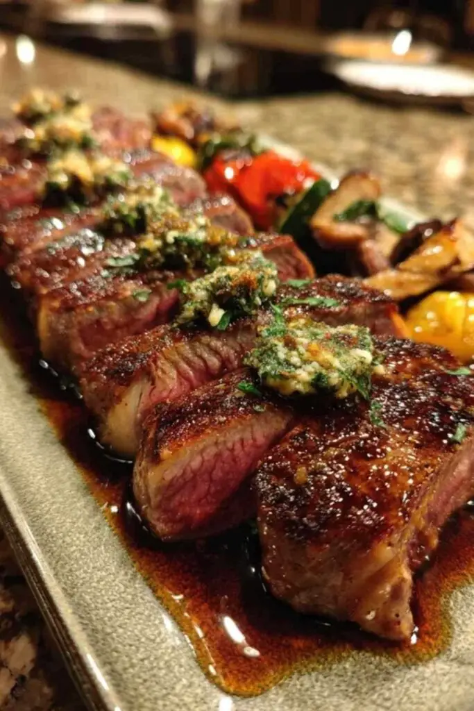 Entrecôte au Beurre de Tapenade 2 Gros plan sur un rouleau de beurre de tapenade aux olives vertes en train d'être coupé en rondelles sur une planche en bois.