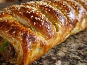Feuilleté roulé à la viande hachée cru, badigeonné de jaune d'œuf et parsemé de sésame, prêt à être cuit.