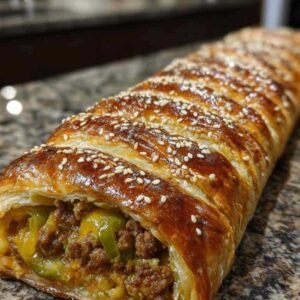 Le feuilleté roulé à la viande hachée cuit, avec une croûte dorée et croustillante, sur une plaque de cuisson.