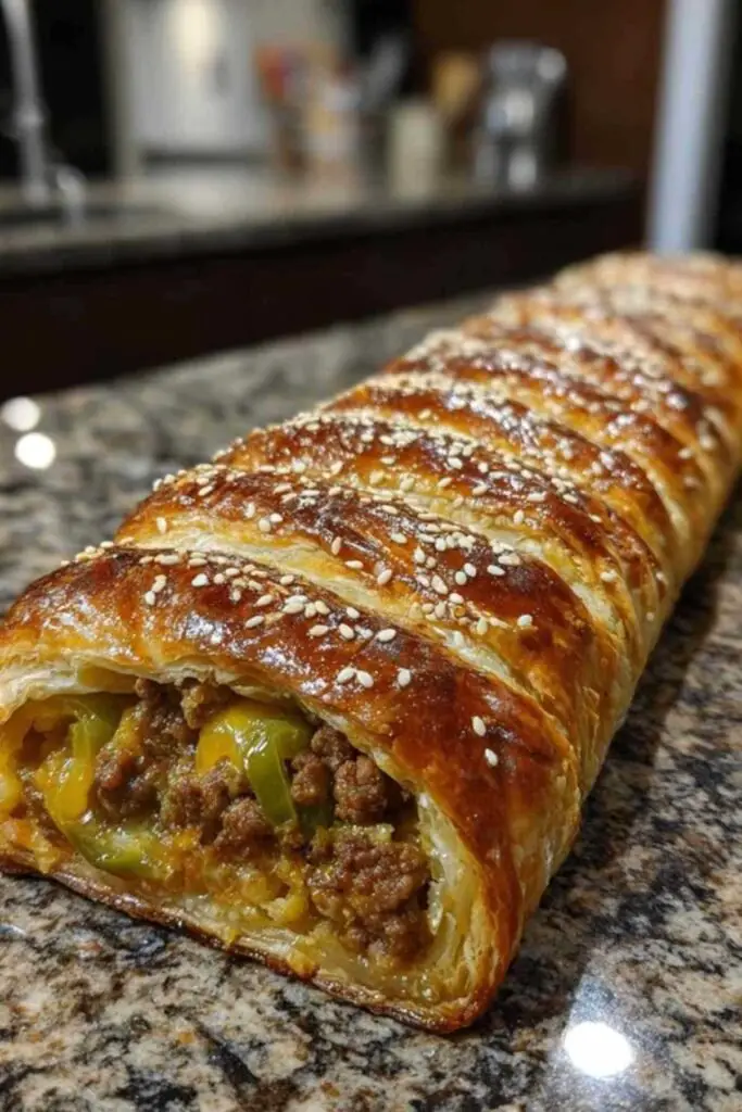 Le feuilleté roulé à la viande hachée cuit, avec une croûte dorée et croustillante, sur une plaque de cuisson.