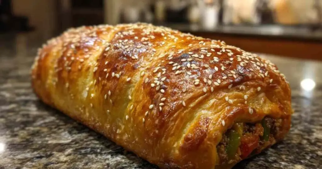Tranche épaisse de feuilleté à la viande hachée montrant la farce et le fromage cheddar fondant qui coule.