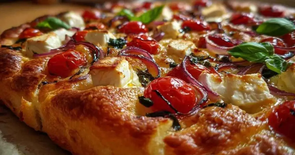 Focaccia Tarte Salée 1 La pâte à focaccia crue étalée et recouverte de tomates, mozzarella et oignons, prête à être cuite.