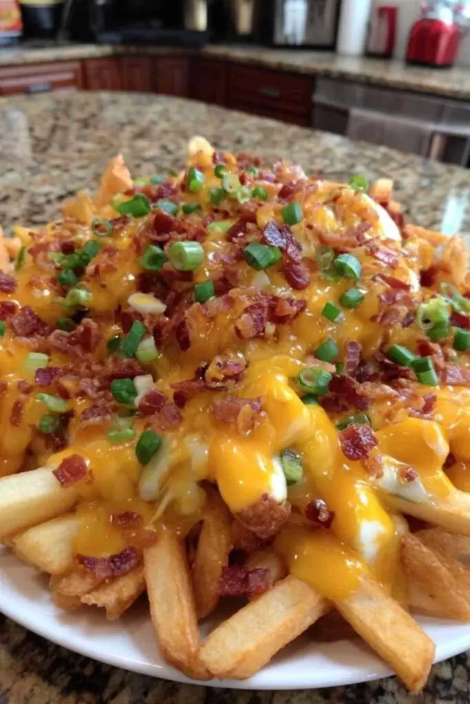 Frites au Cheddar et Bacon 2 Frites dorées sur une plaque de cuisson, en train d'être garnies de cheddar râpé et de lardons avant de retourner au four.