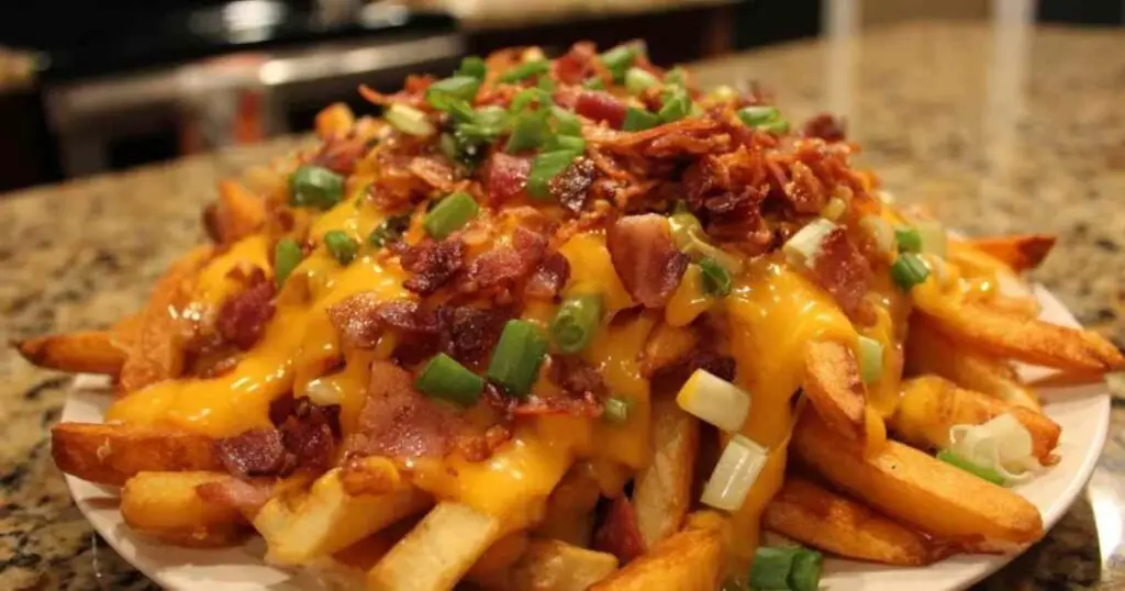 Frites au Cheddar et Bacon 1 Gros plan d'une fourchette soulevant une frite recouverte de fromage cheddar parfaitement fondu et filant.