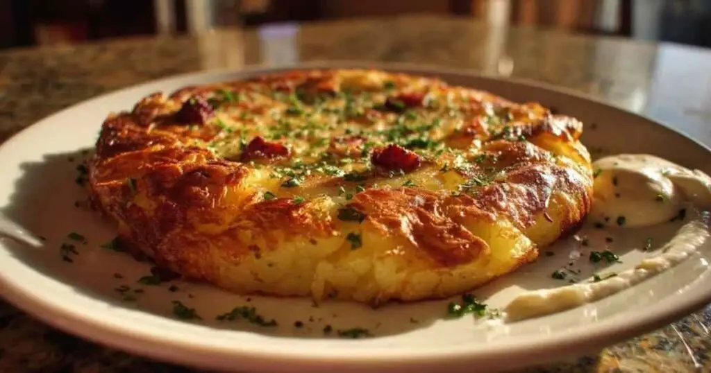 Galette de Pomme de Terre Morteau 1 Galette de pommes de terre Morteau dorée et croustillante servie dans une assiette blanche avec une part coupée pour montrer l'intérieur fondant au fromage et à la saucisse, accompagnée d'une salade verte.