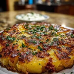 Galette de Pomme de Terre Morteau 3 Gros plan sur une galette de pommes de terre Morteau en train de cuire et de grésiller dans une poêle en fonte noire, une spatule à côté.