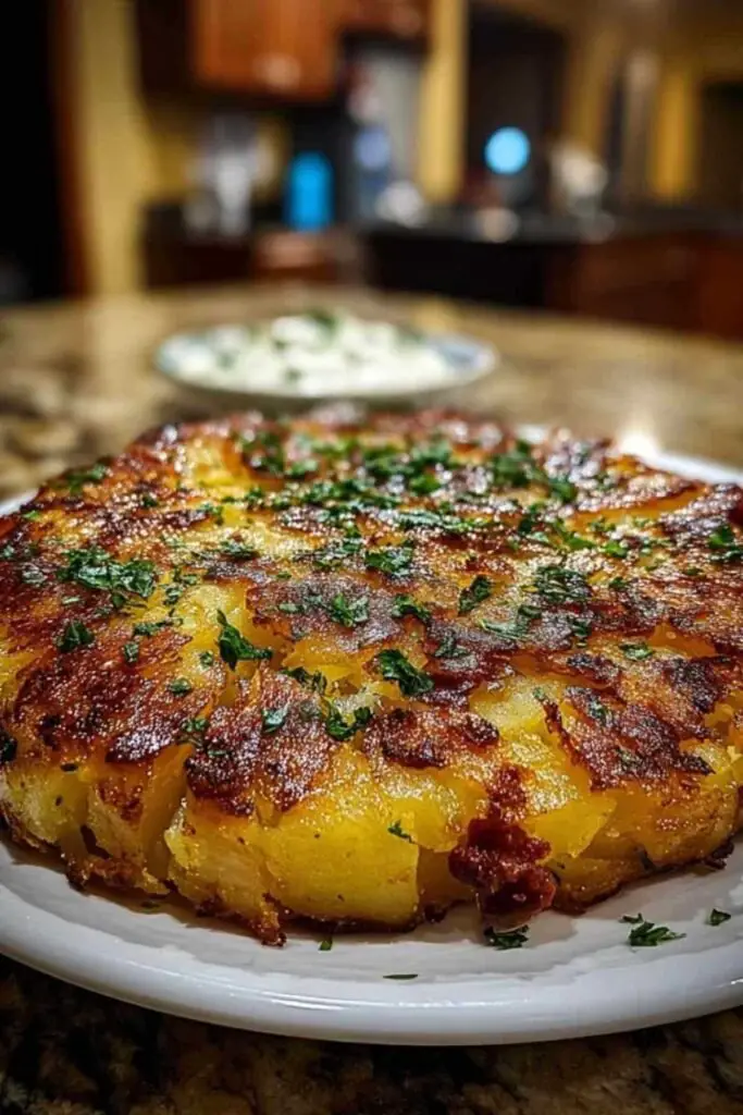 Galette de Pomme de Terre Morteau 2 Gros plan sur une galette de pommes de terre Morteau en train de cuire et de grésiller dans une poêle en fonte noire, une spatule à côté.