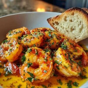 Un plat creux en céramique blanche rempli de gambas flambées au Cognac, parsemées de persil frais, avec des tranches de pain à côté.