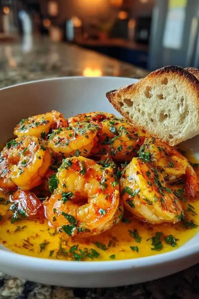Un plat creux en céramique blanche rempli de gambas flambées au Cognac, parsemées de persil frais, avec des tranches de pain à côté.