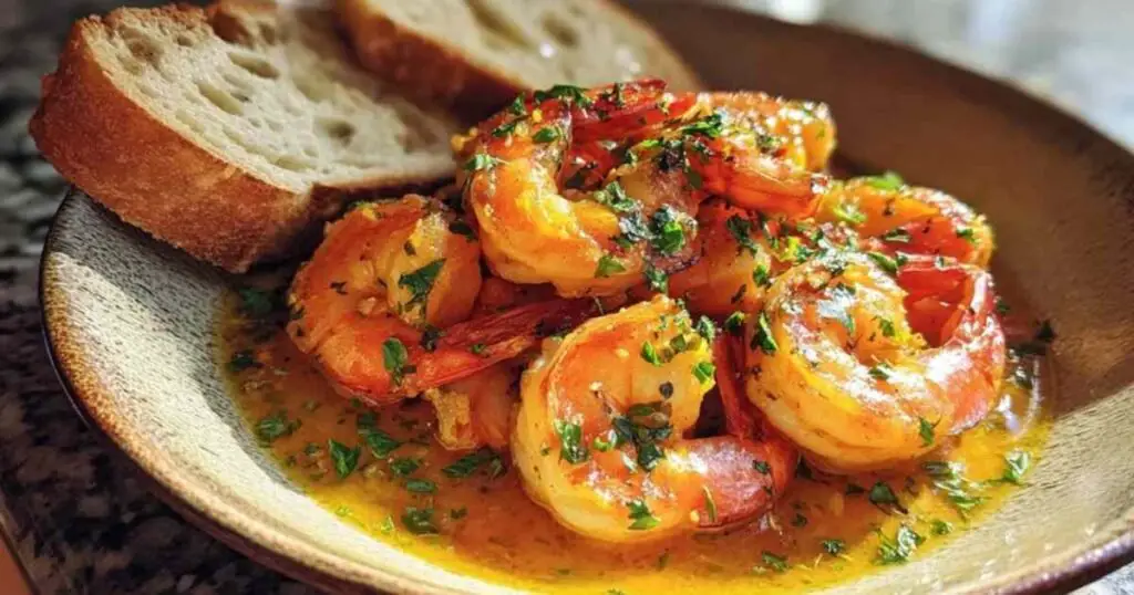 Ingrédients pour la recette des gambas flambées disposés sur un plan de travail en bois : crevettes crues, gousses d'ail, persil, bouteille de Cognac, huile d'olive.