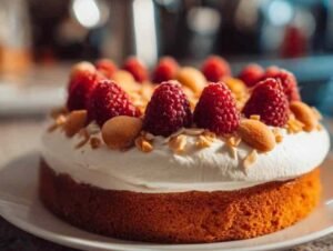 Gâteau aux amandes, mascarpone et framboises entier sur un plat de service blanc, décoré d'amandes effilées.