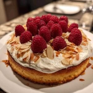 gâteau aux amandes 3 Part de gâteau aux amandes et framboises dans une assiette, montrant la texture moelleuse du biscuit et la crème onctueuse.