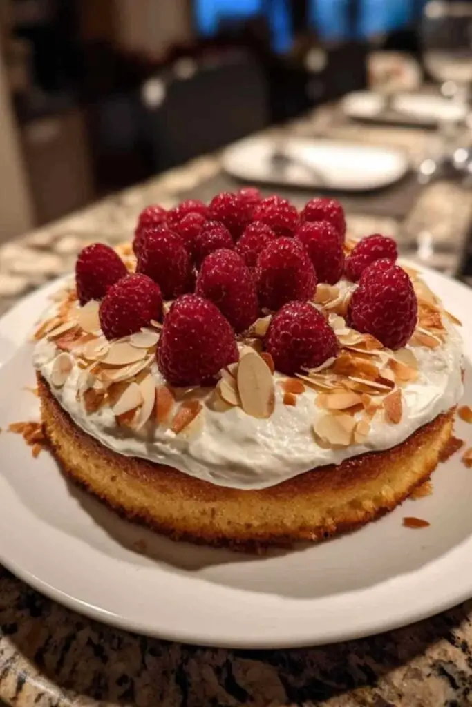 gâteau aux amandes 2 Part de gâteau aux amandes et framboises dans une assiette, montrant la texture moelleuse du biscuit et la crème onctueuse.