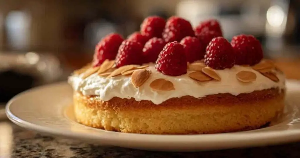 gâteau aux amandes 1 Gros plan sur les framboises fraîches et les amandes effilées décorant le gâteau au mascarpone.