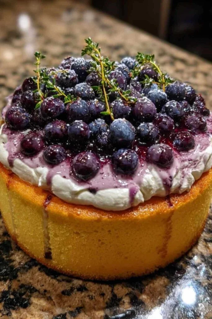 Gâteau aux Myrtilles Moelleux 2 Compote de myrtilles maison, épaisse et de couleur violet foncé, refroidissant dans une petite casserole en inox, avec une cuillère en bois posée à côté.