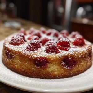Une part de gâteau breton aux framboises servie dans une assiette, montrant la texture sablée et les fruits rouges.