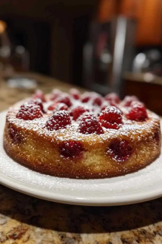 Une part de gâteau breton aux framboises servie dans une assiette, montrant la texture sablée et les fruits rouges.