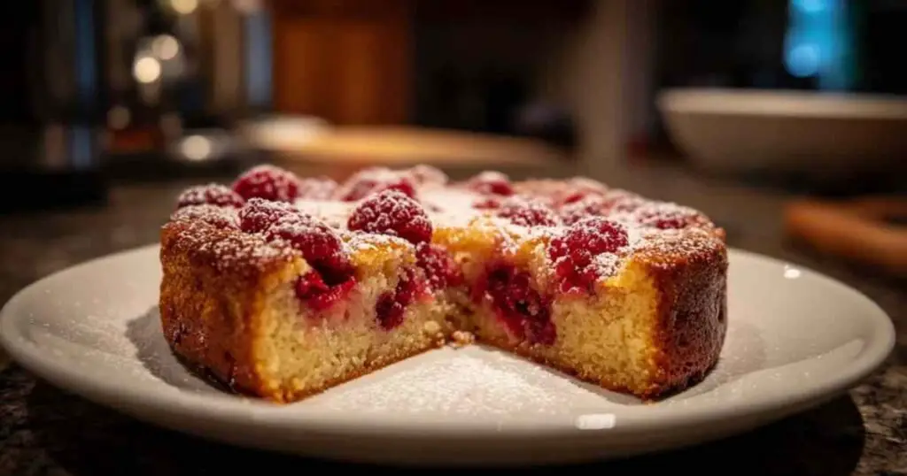 Main d'une femme utilisant une spatule pour incorporer délicatement des framboises dans la pâte à gâteau dans un grand bol.