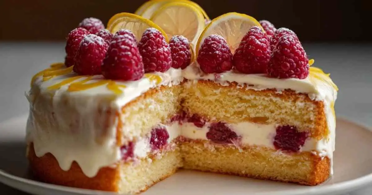 Gâteau citron framboise à deux étages, recouvert d'un glaçage blanc au fromage frais et décoré de framboises fraîches et de rondelles de citron.