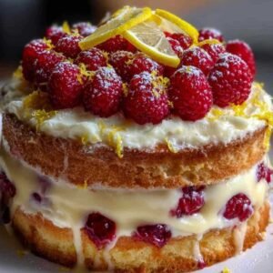 Gâteau citron Framboise 3 Une part de gâteau citron framboise servie dans une assiette, montrant les couches et les framboises incrustées dans la mie moelleuse.