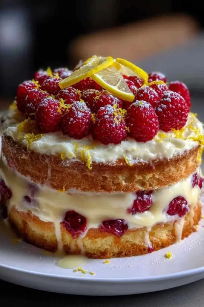 Gâteau citron Framboise 2 Une part de gâteau citron framboise servie dans une assiette, montrant les couches et les framboises incrustées dans la mie moelleuse.