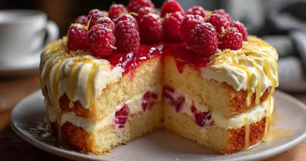 Gâteau citron Framboise 1 Une maryse en silicone pliant délicatement des framboises enrobées de farine dans une pâte à gâteau jaune pâle dans un grand bol en verre.