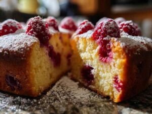 Gâteau fondant aux framboises entier, joliment doré et saupoudré de sucre glace, refroidissant sur une grille de pâtisserie.