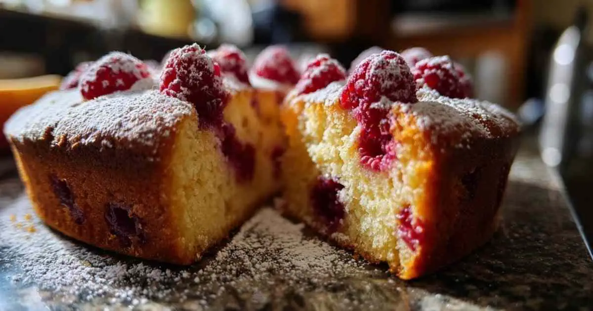Gâteau fondant aux framboises entier, joliment doré et saupoudré de sucre glace, refroidissant sur une grille de pâtisserie.