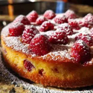 Gâteau Fondant aux Framboises 3 Part de gâteau fondant aux framboises dans une assiette blanche, montrant la texture moelleuse et les fruits à l'intérieur.