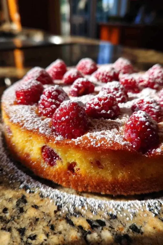 Gâteau Fondant aux Framboises 2 Part de gâteau fondant aux framboises dans une assiette blanche, montrant la texture moelleuse et les fruits à l'intérieur.