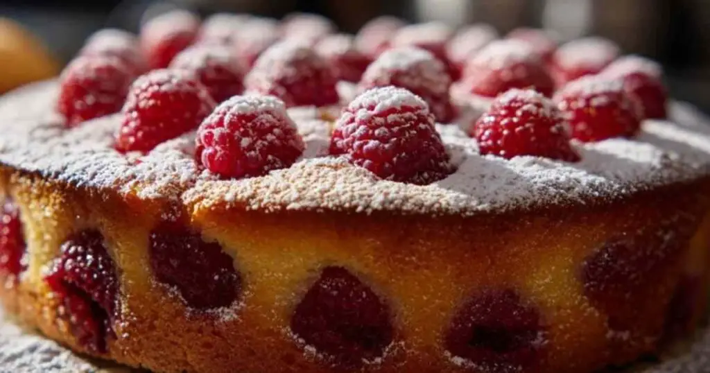Gâteau Fondant aux Framboises 1 Main d'une femme répartissant délicatement des framboises fraîches sur la pâte à gâteau crue dans un moule rectangulaire.