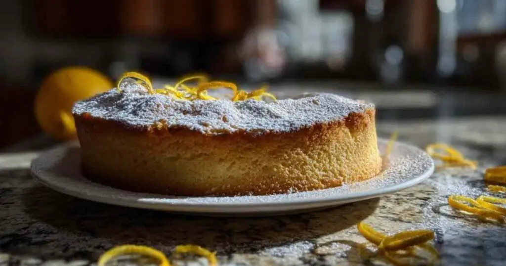 Gâteau nuage de grand-mère entier et doré, tout juste sorti du four et posé sur un plat de service.