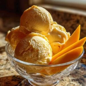 Glace Maison à la Mangue 3 Glace maison à la mangue dans des coupes avec morceaux de mangue fraîche