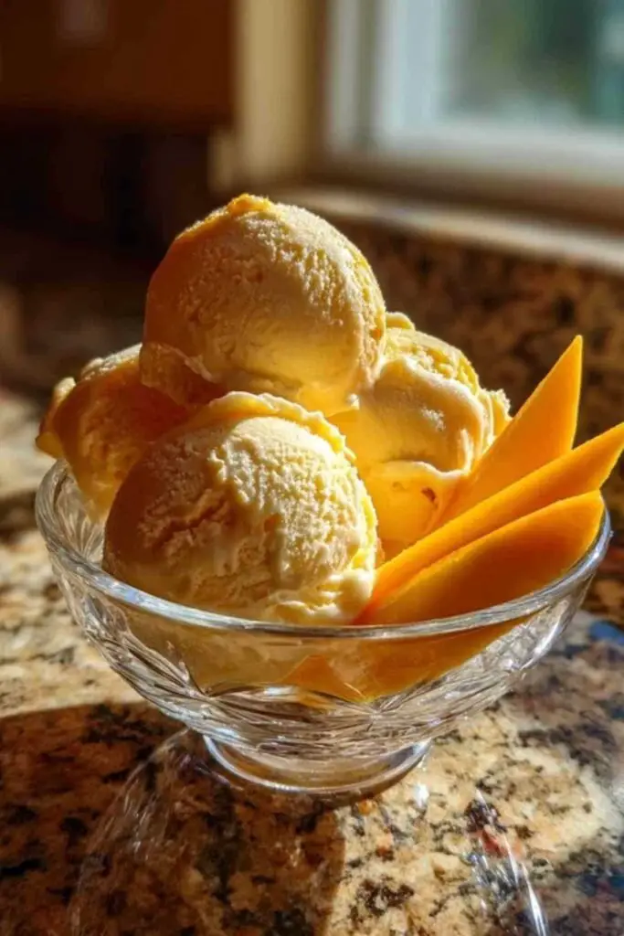 Glace Maison à la Mangue 2 Glace maison à la mangue dans des coupes avec morceaux de mangue fraîche