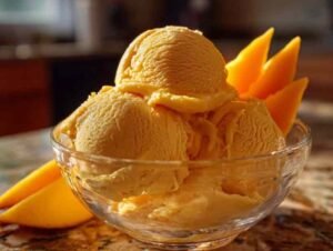 Ingrédients pour glace mangue disposés sur plan de travail