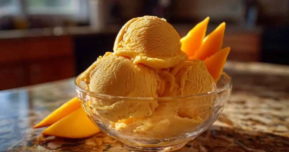 Ingrédients pour glace mangue disposés sur plan de travail