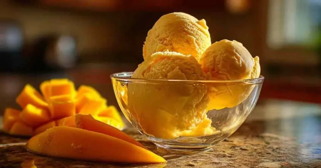 Glace Maison à la Mangue 1 Étapes de préparation glace mangue avec mixeur et récipients