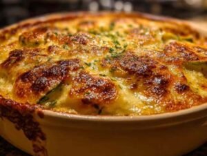 Gratin de courgettes léger et doré dans un plat en céramique blanc, avec du fromage bouillonnant.
