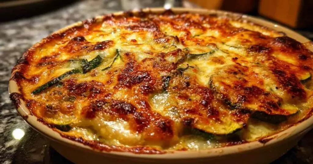 Le mélange de courgettes, crème et œuf versé dans un plat à gratin avant d'être enfourné.