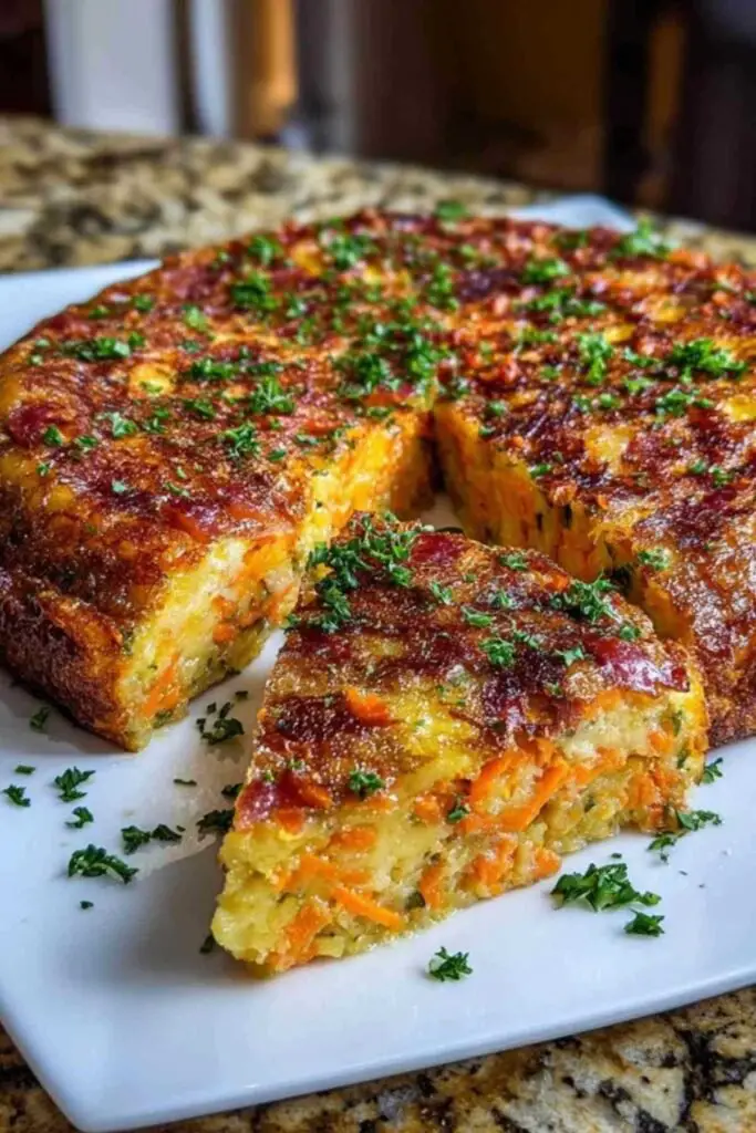 Moelleux Carottes Courgettes 2 Une part généreuse du moelleux aux carottes et courgettes, révélant une texture fondante, servie avec une salade verte.