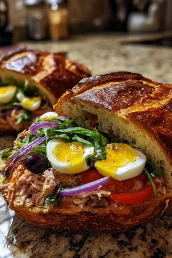 Pan Bagnat Facile 2 Tous les ingrédients frais pour la recette du pan bagnat disposés sur une table de cuisine.