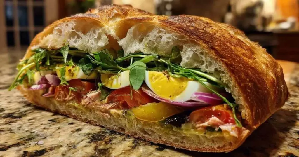 Pan Bagnat Facile 1 Une personne garnissant la base du pain pour préparer la recette du pan bagnat.