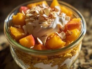 Pâte à Galette aux Pêches Préparation de la pâte à galette aux pêches dans un bocal en verre avant réfrigération.