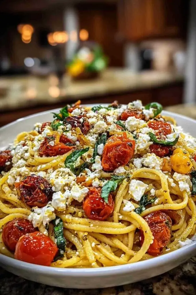 Pâtes Feta Tomates Rôties 2 Plat à gratin avec un bloc de feta au centre, entouré de tomates cerises, d'ail et d'herbes, avant d'être enfourné.