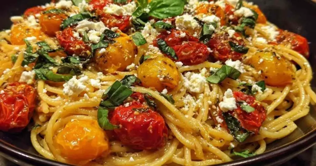 Pâtes Feta Tomates Rôties 1 Une fourchette écrasant la feta dorée dans les tomates cerises confites pour créer la sauce.