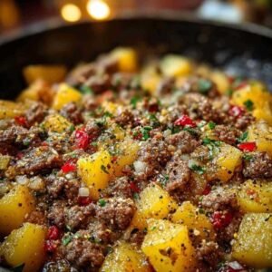 Poêlée Bœuf Patates 3 Poêlée de bœuf et patates en train de cuire dans une grande poêle