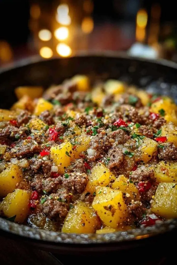 Poêlée Bœuf Patates 2 Poêlée de bœuf et patates en train de cuire dans une grande poêle